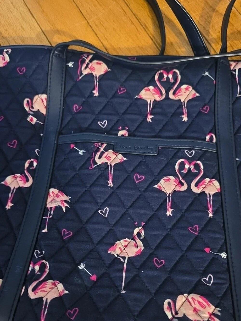 Quilted Navy Tote Bag with Pink Flamingo Print